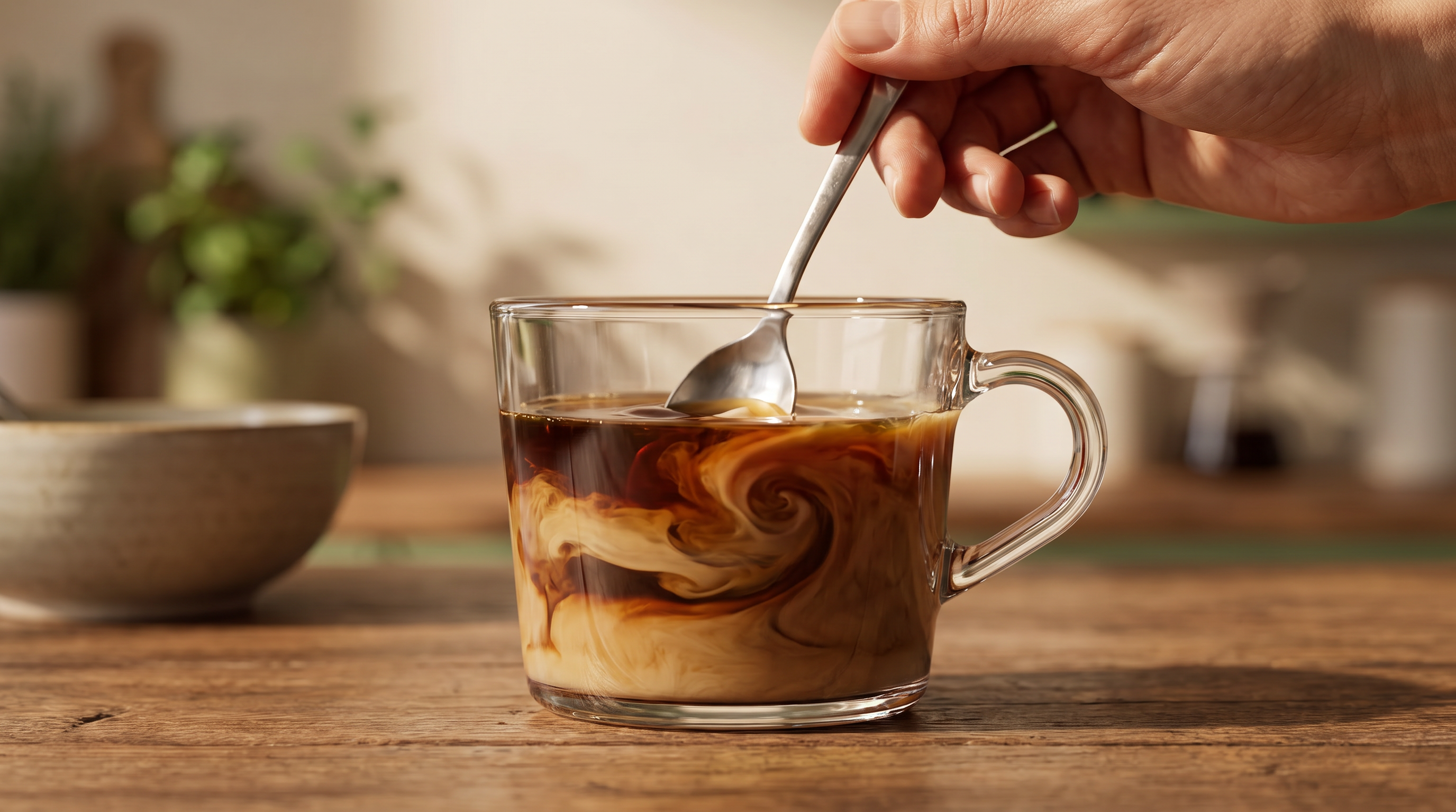 Cream swirling into a glass mug of Meli Mornings coffee on a wooden table.