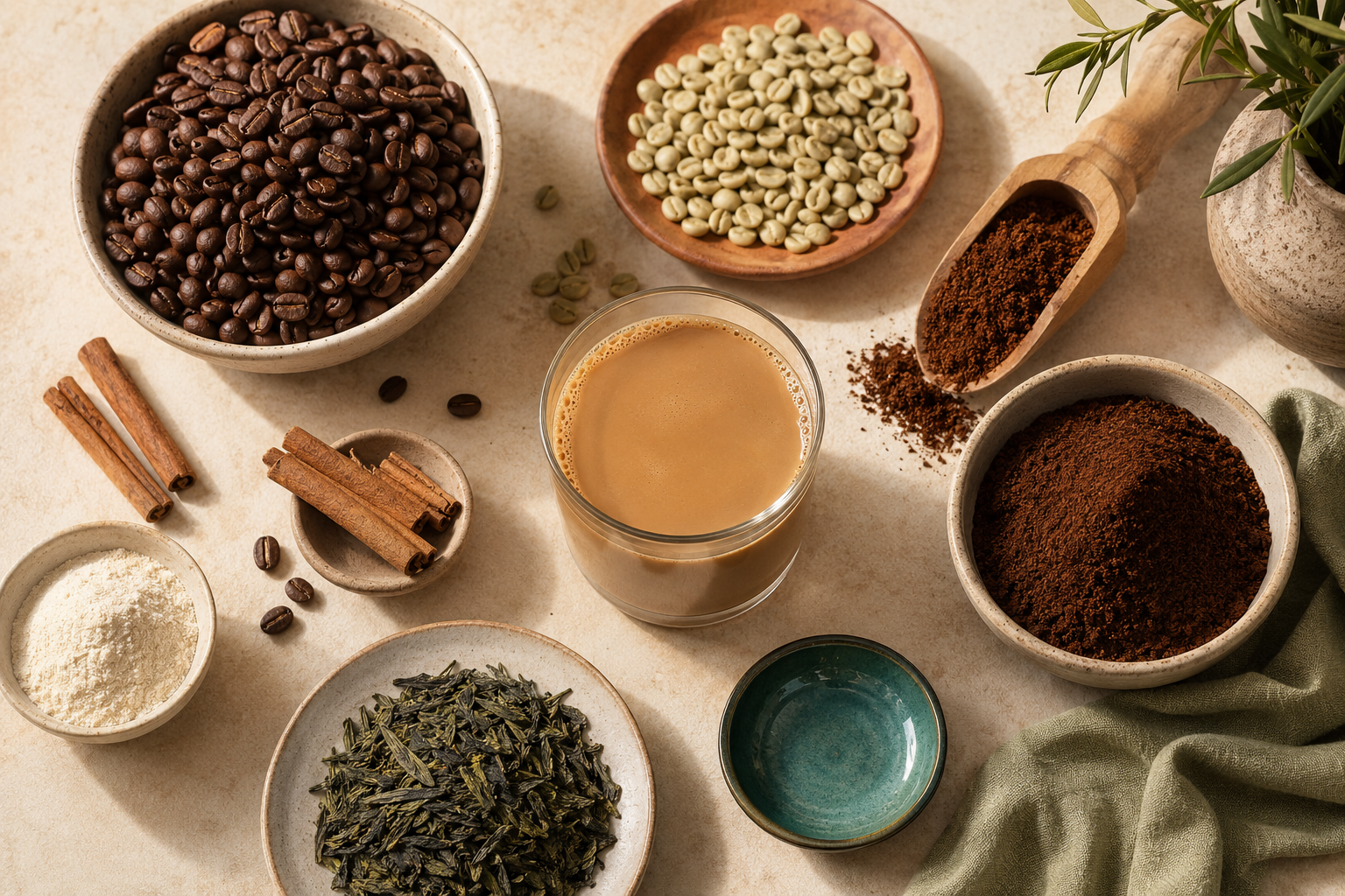 Arabica coffee, green coffee beans, green tea, coffee powder, and a prepared cup arranged on a table.