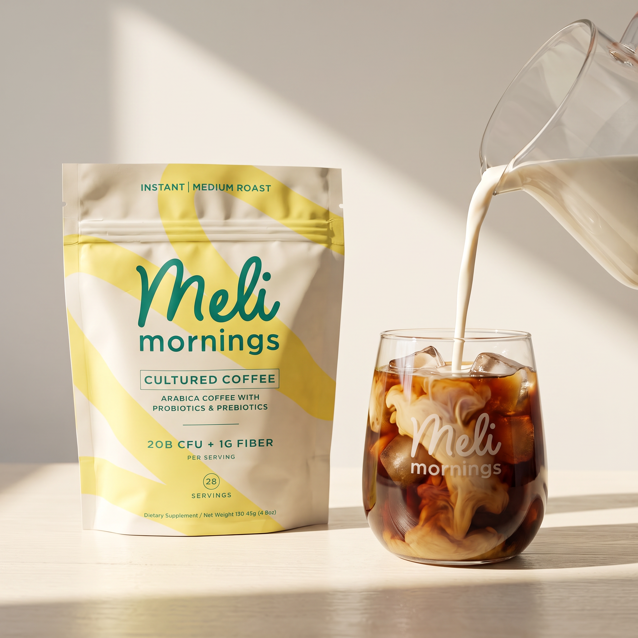 Meli Mornings Cultured Coffee pouch beside iced coffee as milk is poured into the glass.