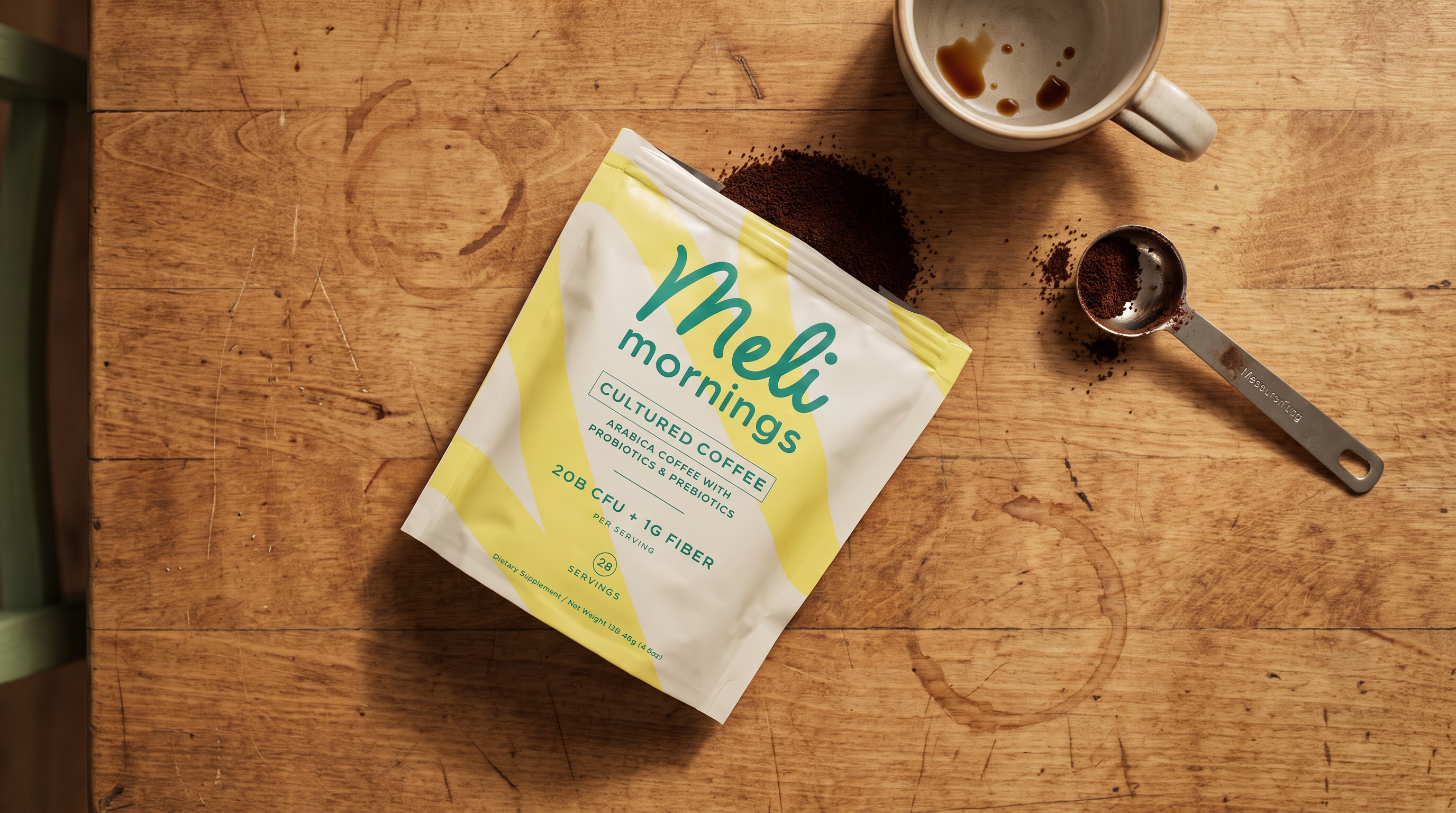Meli Mornings Cultured Coffee pouch with coffee powder, a scoop, and an empty mug on a wooden table.